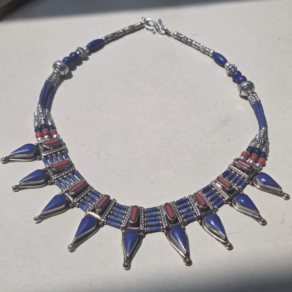 Vintage Tibet Lapis Lazuli Coral Silver Bib Necklace Blue Ethnic Tribal Fringe